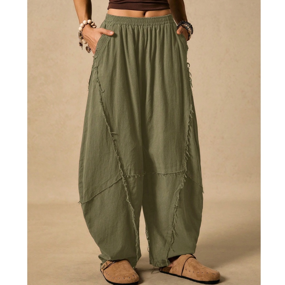 Boho Rust Brown Solid Stretchy waist Pockets Frayed Detail Harem Pants - Picture 7 of 10